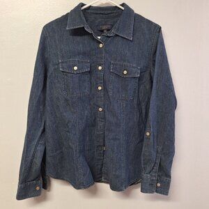 Talbots Western Denim Shirt Button Down Dark Wash Womens 12 Pockets Blue Country